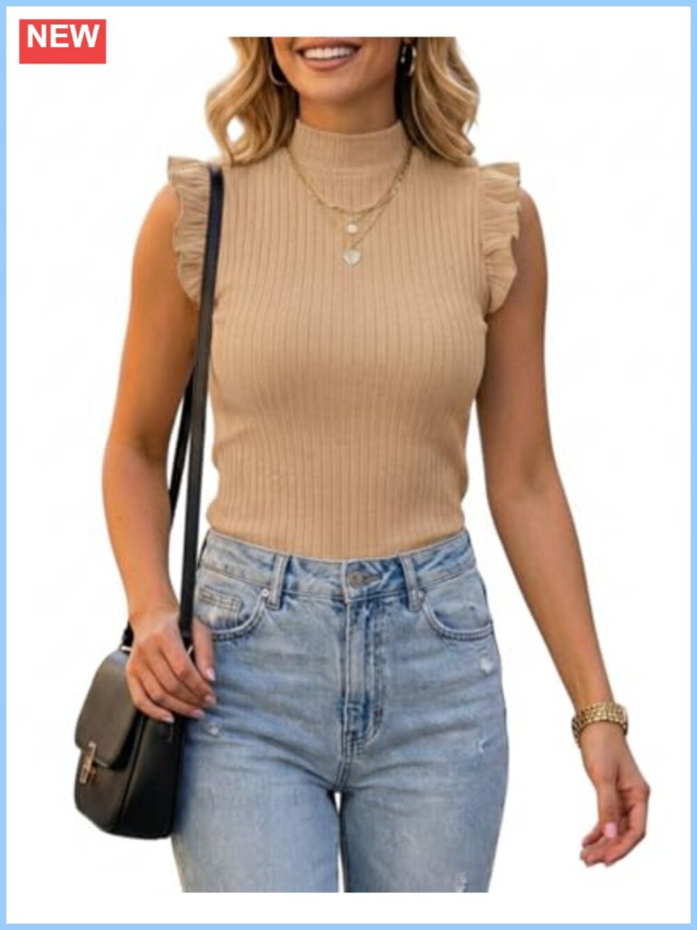 Ribbed Knit Mock Neck Ruffle Tank Top Sleeveless Slim Fit